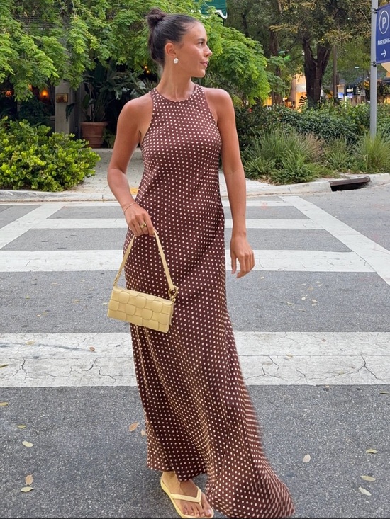 Christian Lacroix Dresses & Skirts - Christian Lacroix Satin Maxi Dress Brown/White Polka Dots Small Quiet Luxury